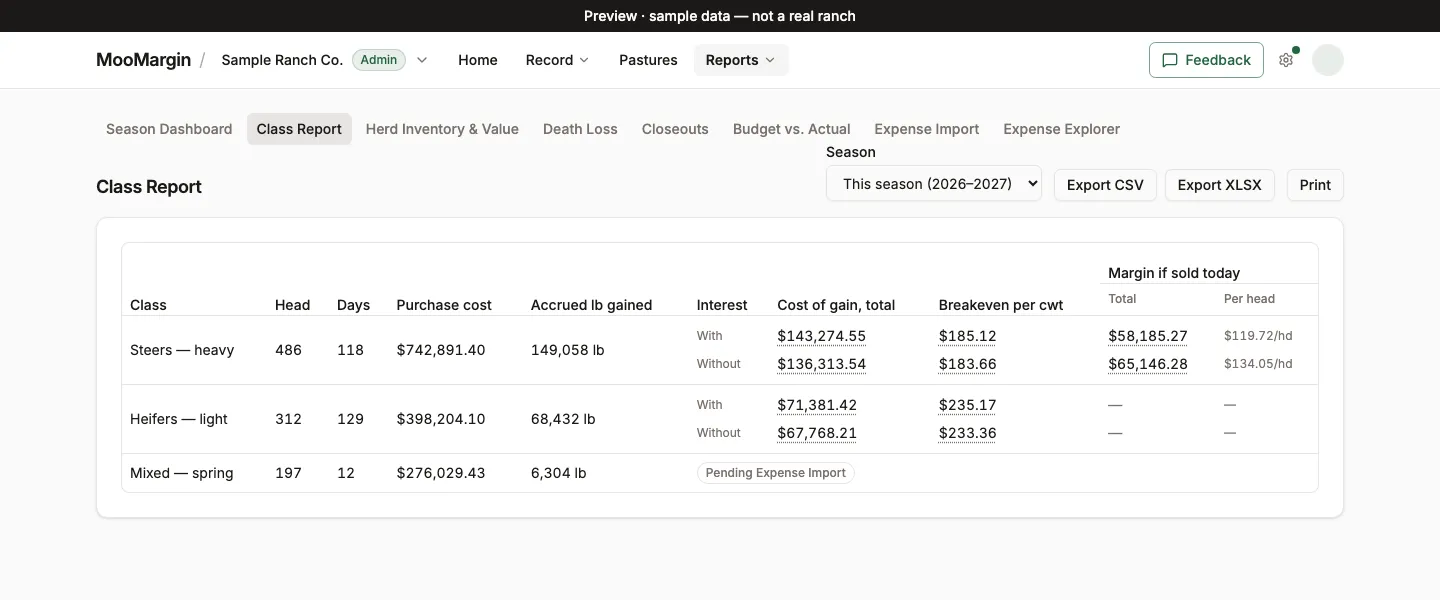 MooMargin's Class Report, with sample data. Each class shows head count, days on feed, purchase cost, pounds gained, cost of gain and breakeven per cwt, each figured with and without interest, and the margin if sold today.